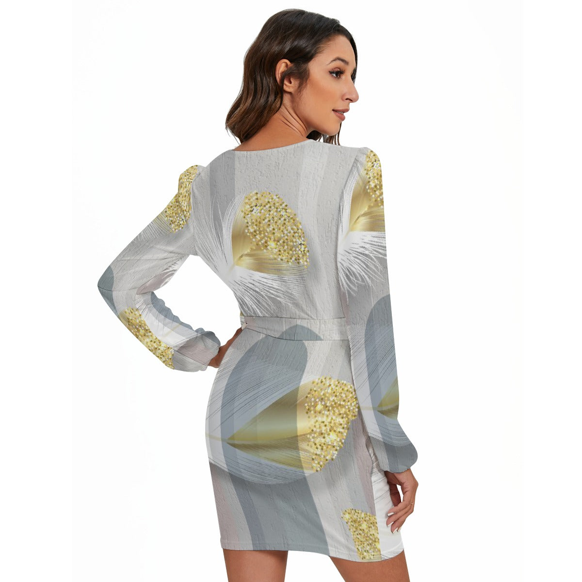 All-Over Print Women's Long Sleeve Dress With Waist Belt