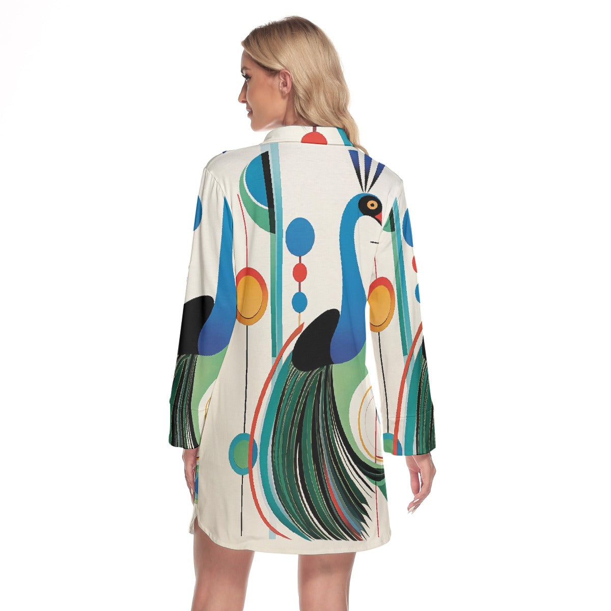 All-Over Print Women's Lapel Shirt Dress With Long Sleeve