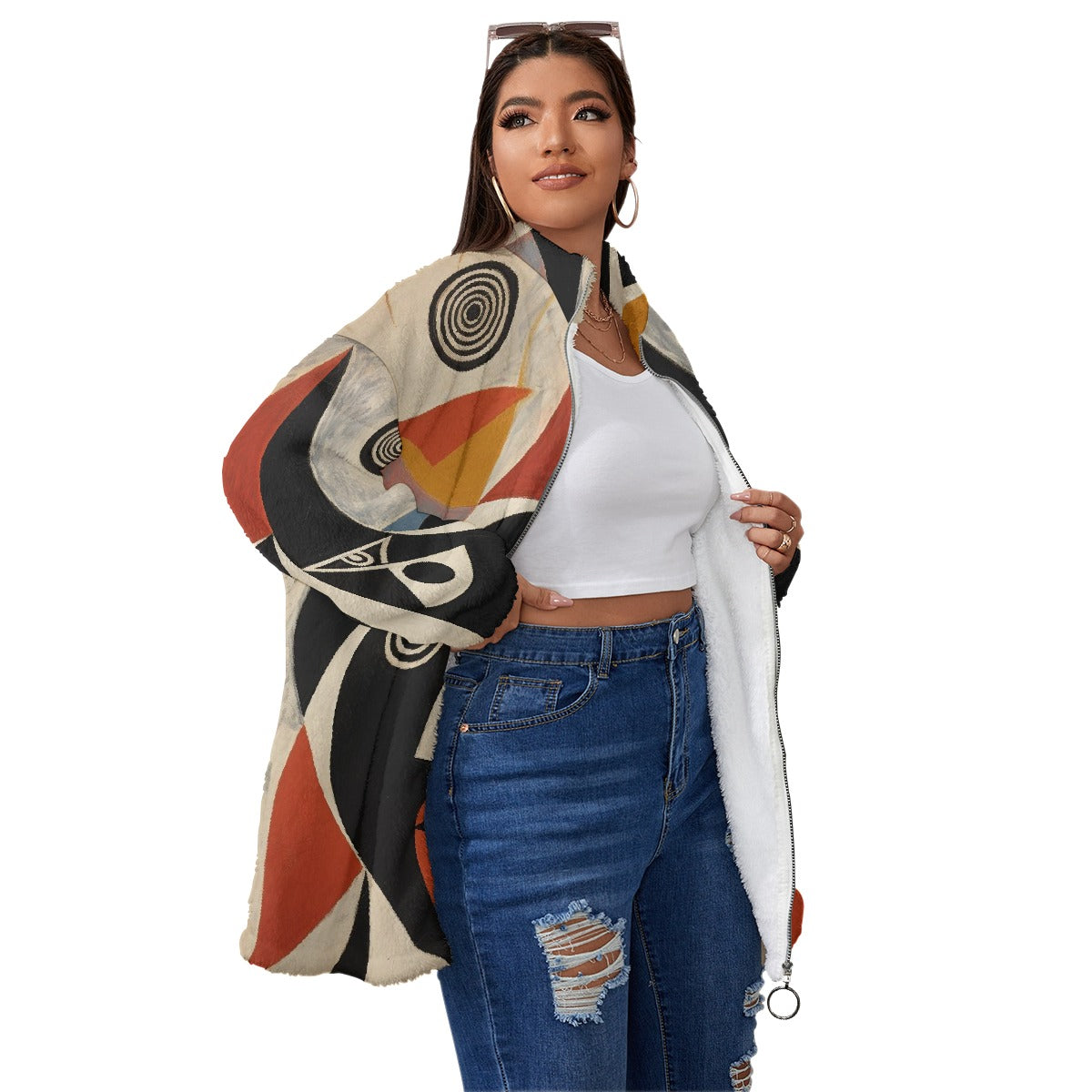 All-Over Print Unisex Borg Fleece Stand-up Collar Coat With Zipper Closure(Plus Size)