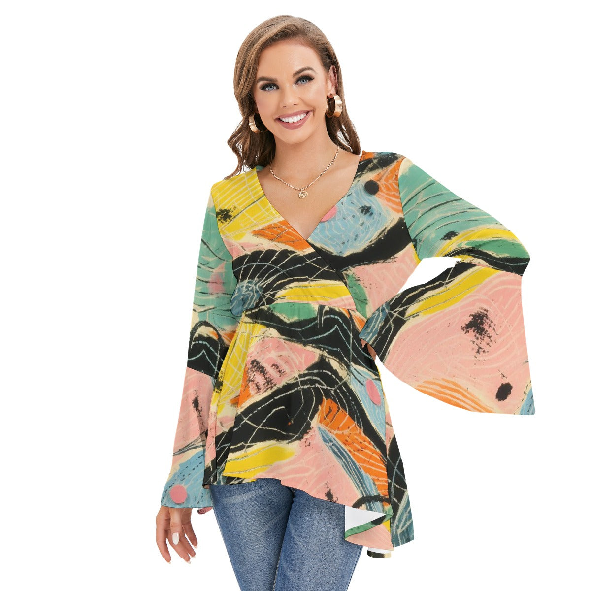 All-Over Print Women's V-neck Blouse With Flared Sleeves