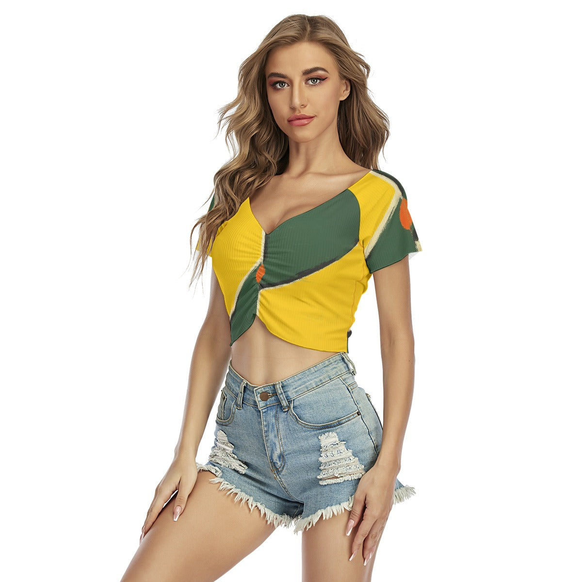 All-Over Print Women's Raglan Drawstring Front  Crop Tee