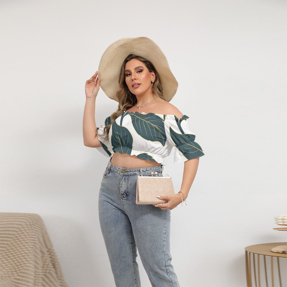 All-Over Print Women's Off-shoulder Cropped Top With Short Puff Sleeve