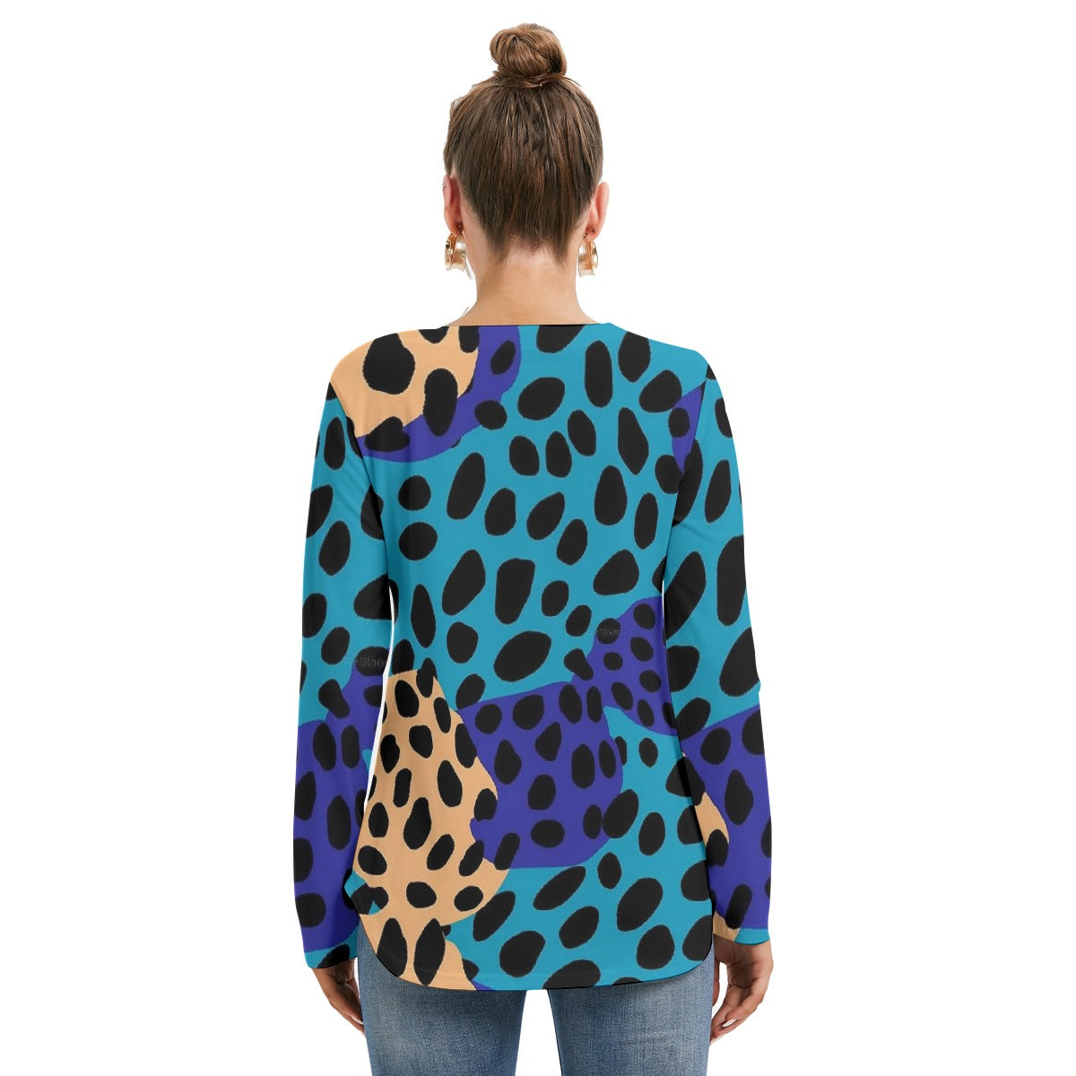 All-Over Print Women's Long Sleeve Neckline Tie Sweatshirt