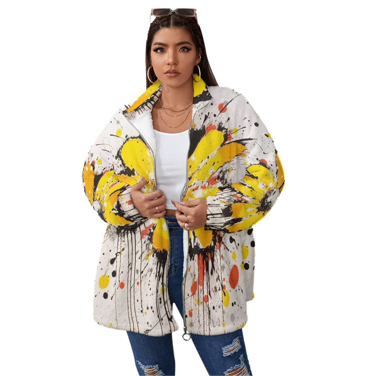 All-Over Print Unisex Borg Fleece Stand-up Collar Coat With Zipper Closure(Plus Size)