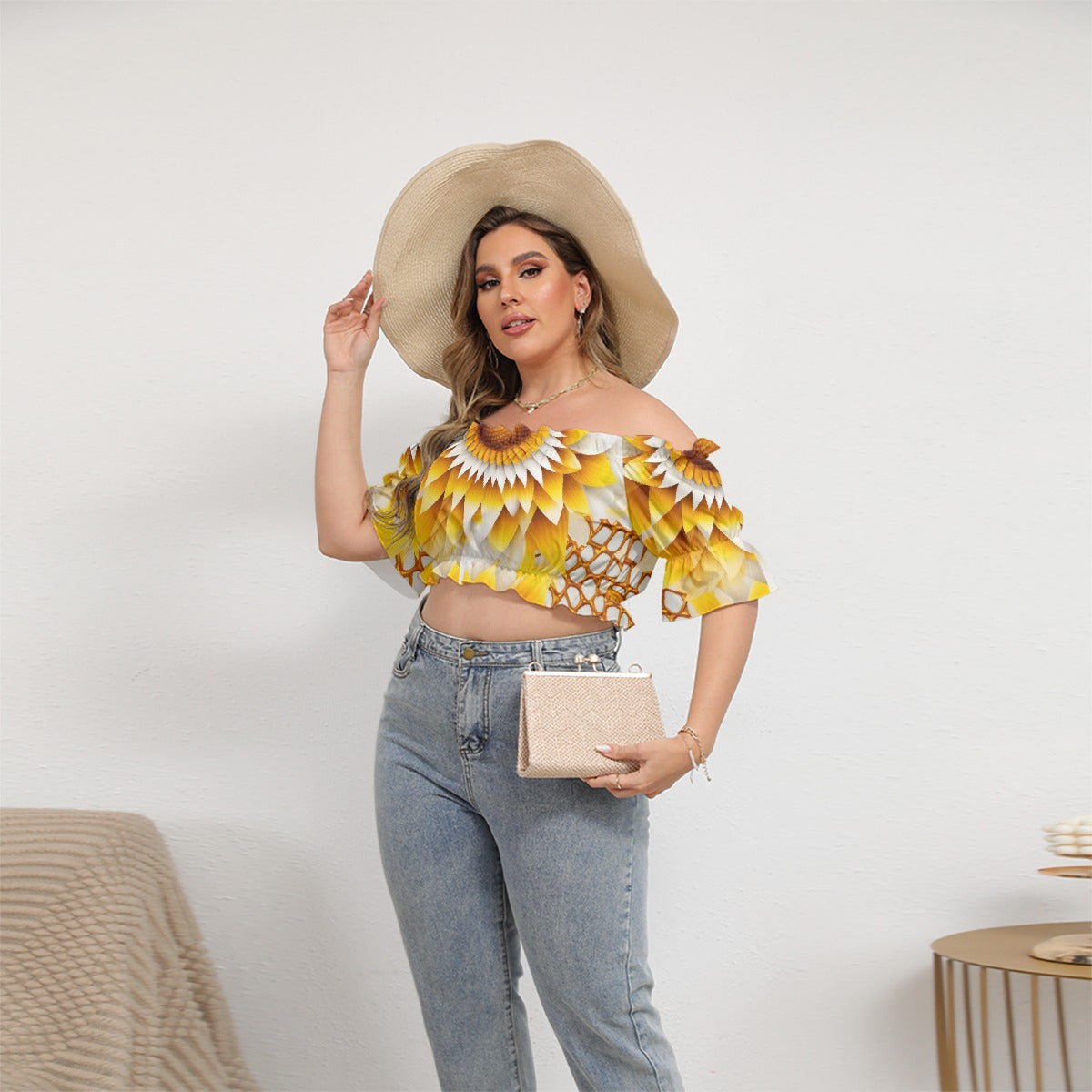All-Over Print Women's Off-shoulder Cropped Top With Short Puff Sleeve