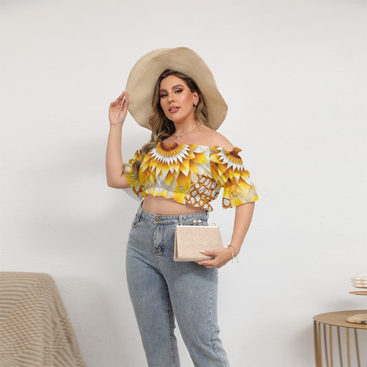 All-Over Print Women's Off-shoulder Cropped Top With Short Puff Sleeve