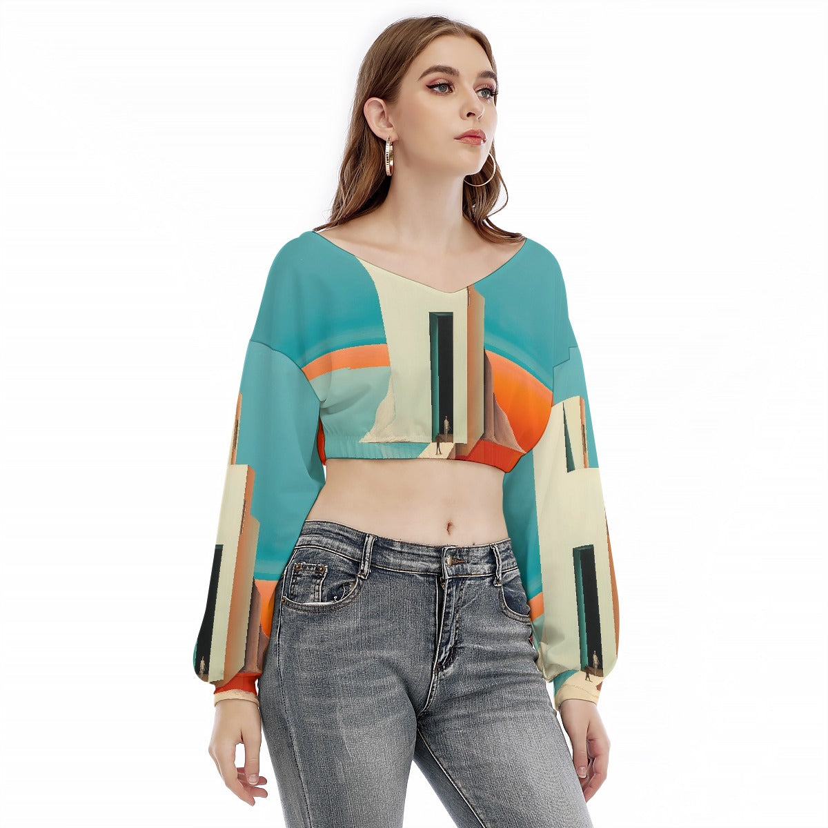 All-Over Print Women's V-neck Long Sleeve Cropped Sweatshirt