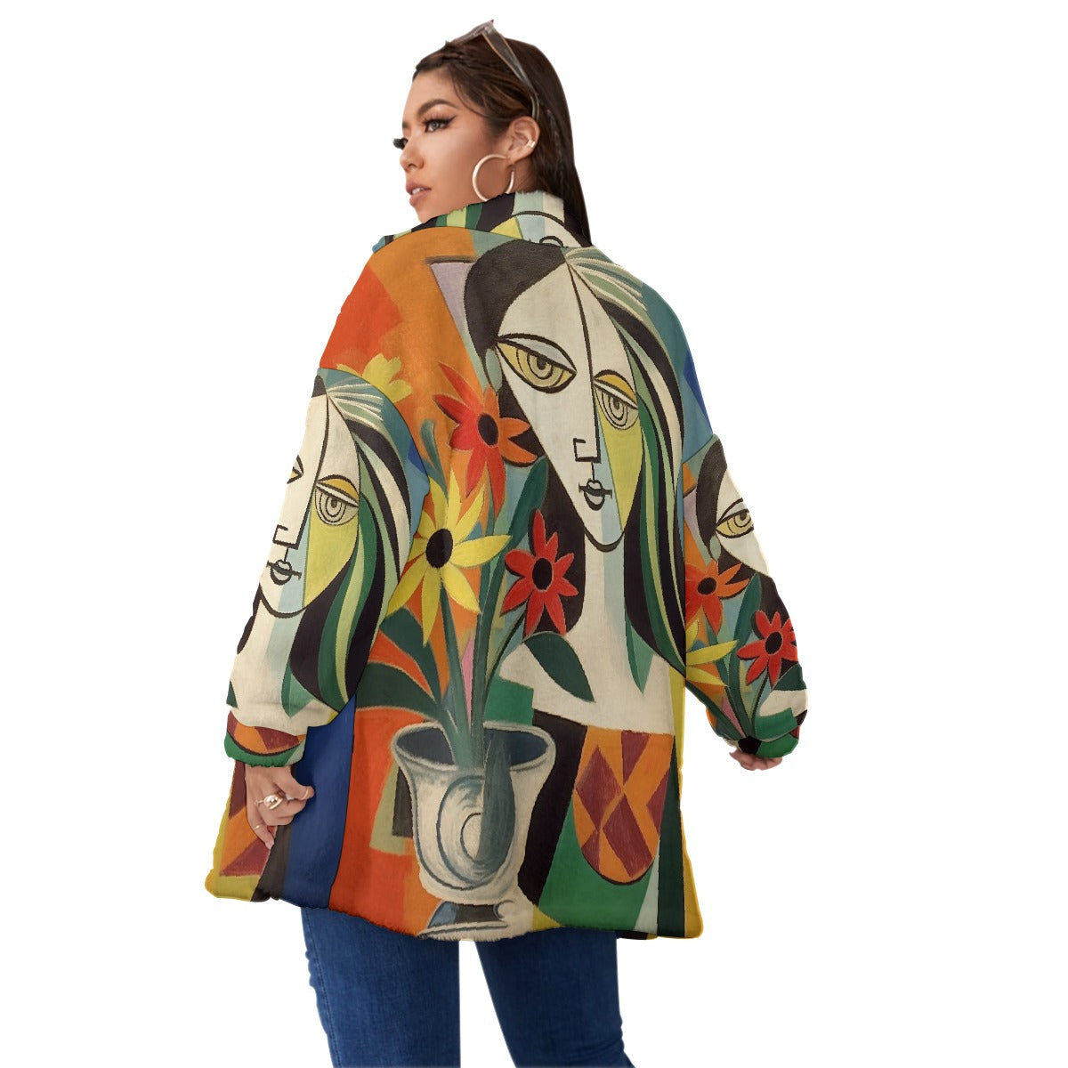 All-Over Print Unisex Borg Fleece Stand-up Collar Coat With Zipper Closure(Plus Size)