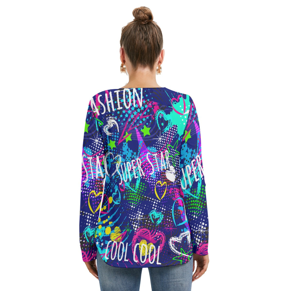 All-Over Print Women's Long Sleeve Neckline Tie Sweatshirt