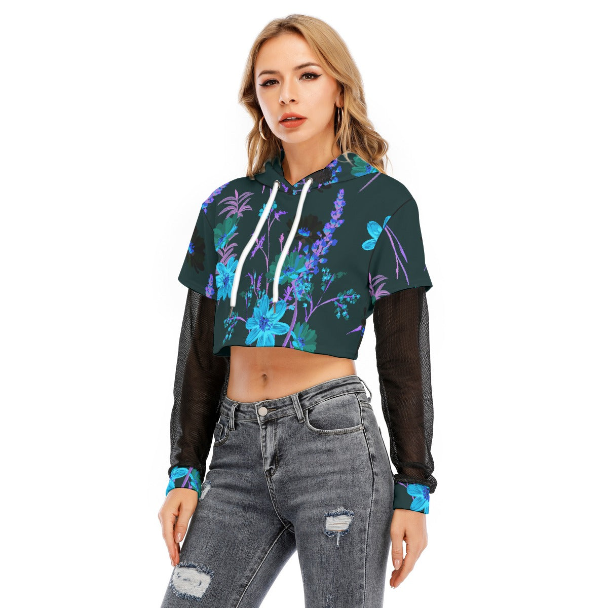 All-Over Print Women's Fake Two-piece Mesh Sleeve Cropped Hoodie
