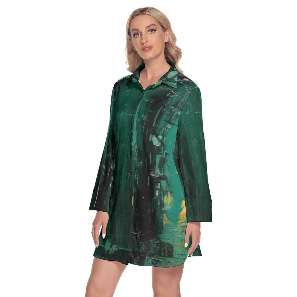 All-Over Print Women's Lapel Shirt Dress With Long Sleeve