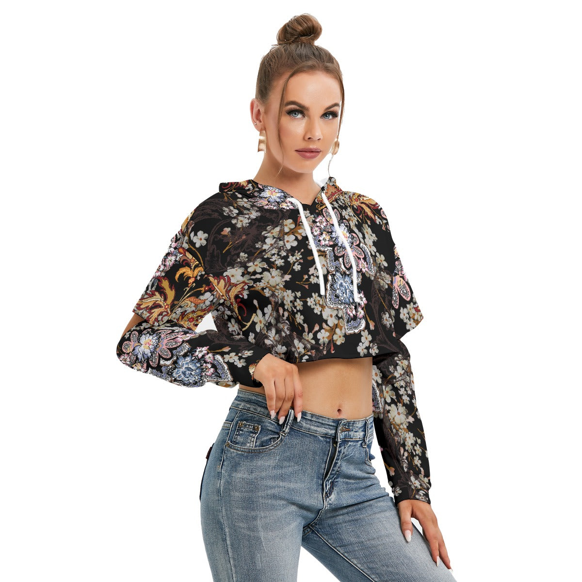 All-Over Print Women's Heavy Fleece Hoodie With Hollow Out Sleeve
