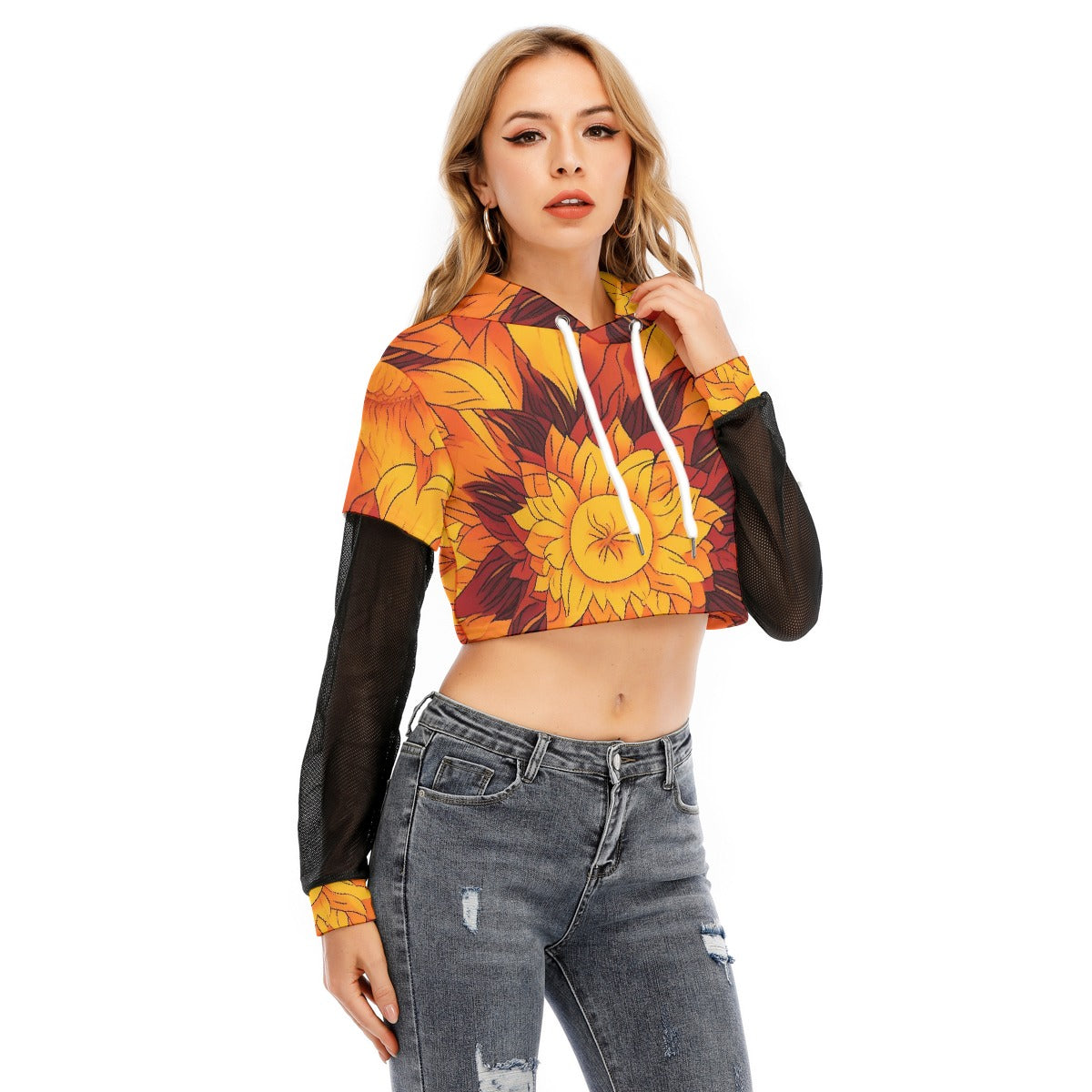 All-Over Print Women's Fake Two-piece Mesh Sleeve Cropped Hoodie