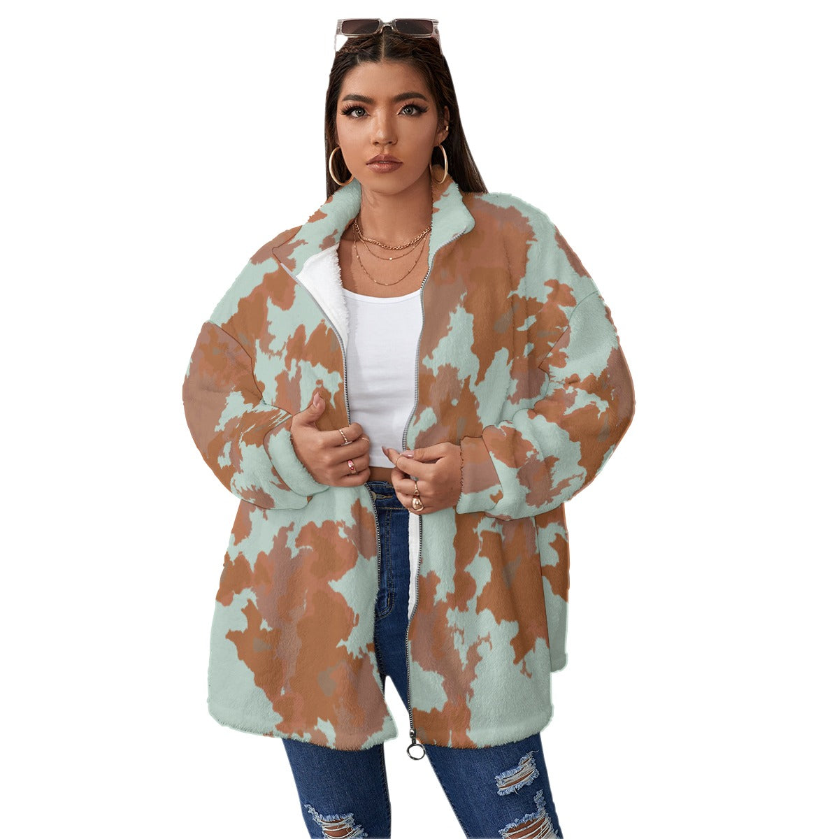 All-Over Print Unisex Borg Fleece Stand-up Collar Coat With Zipper Closure(Plus Size)