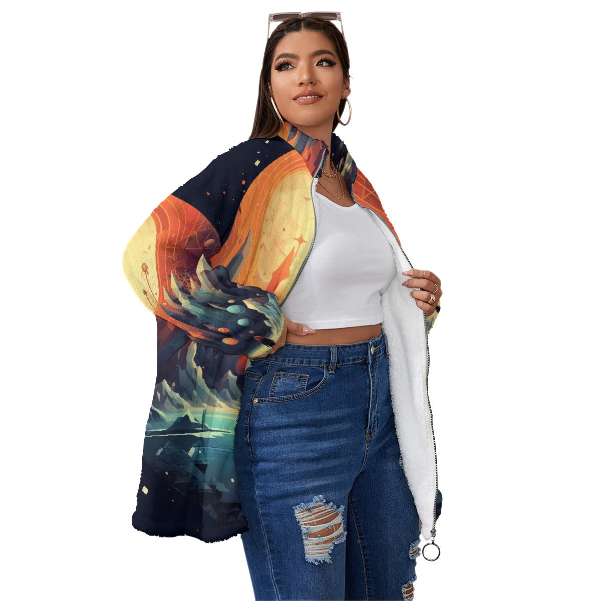 All-Over Print Unisex Borg Fleece Stand-up Collar Coat With Zipper Closure(Plus Size)