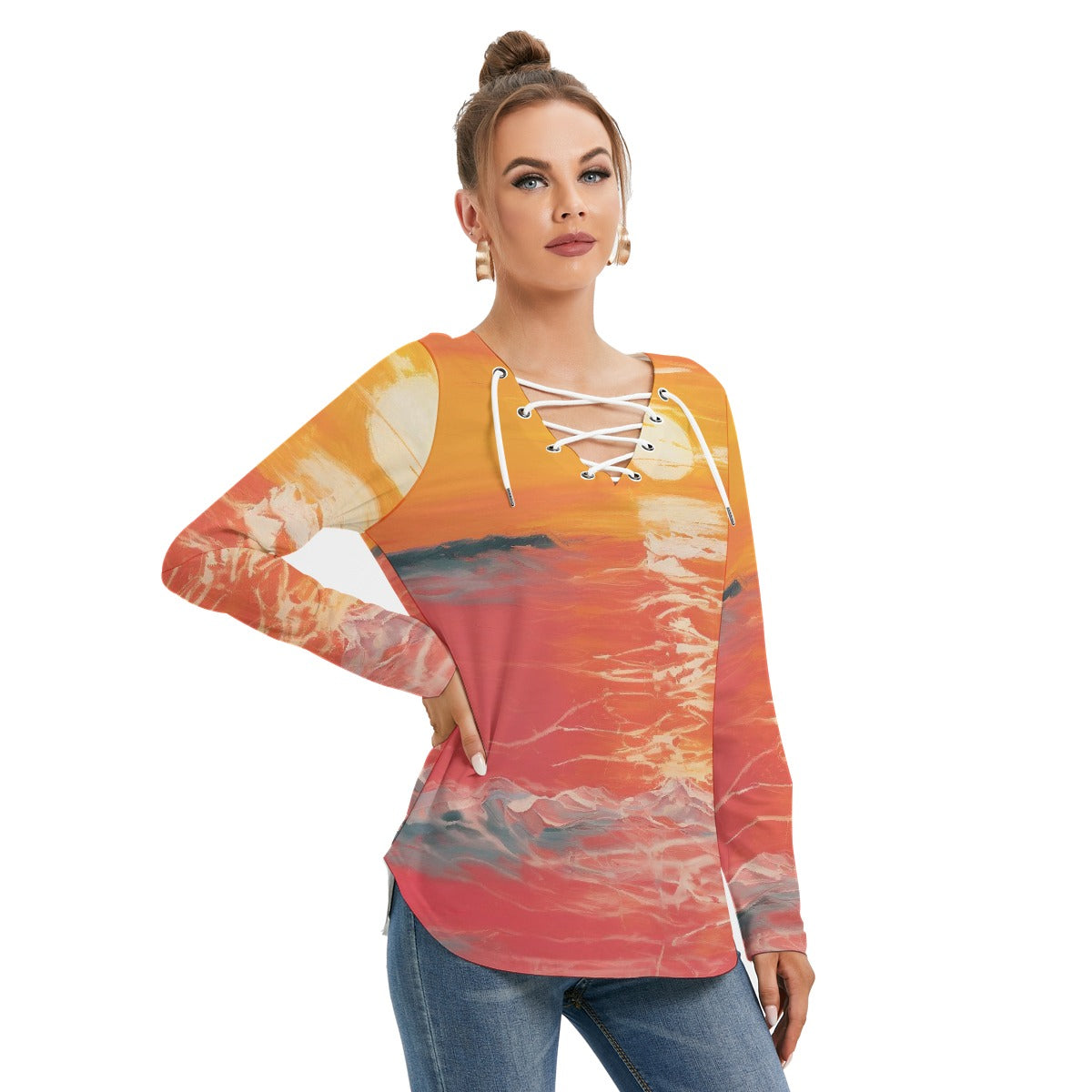 All-Over Print Women's Long Sleeve Neckline Tie Sweatshirt