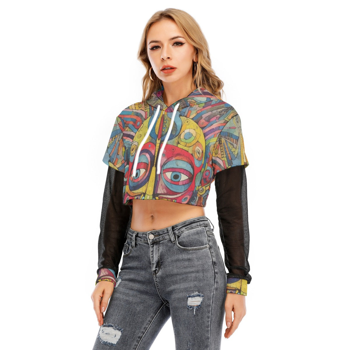All-Over Print Women's Fake Two-piece Mesh Sleeve Cropped Hoodie