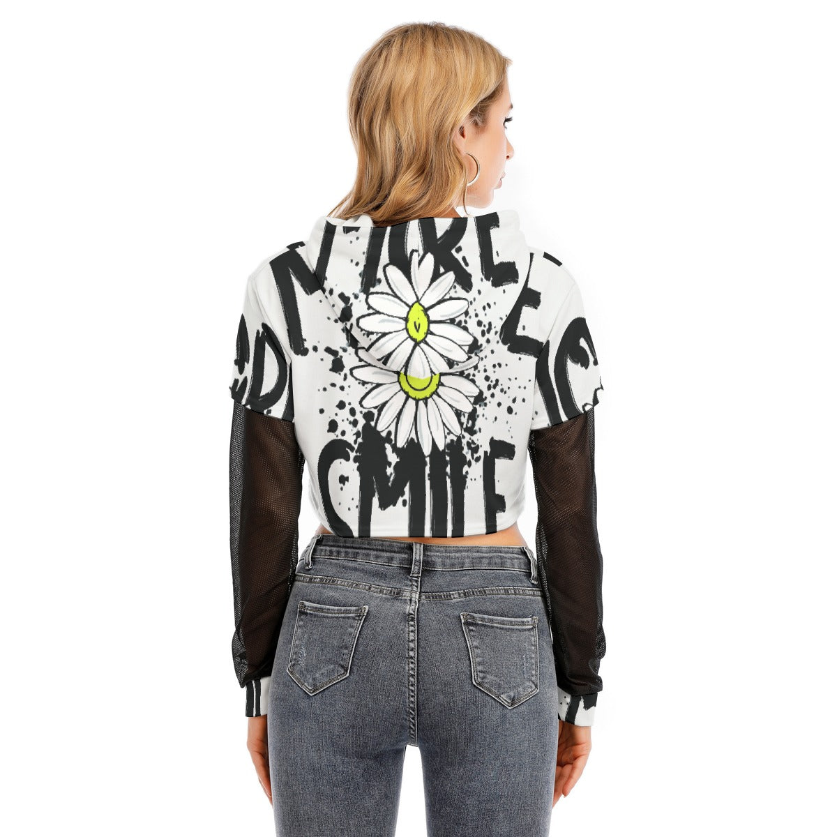 All-Over Print Women's Fake Two-piece Mesh Sleeve Cropped Hoodie