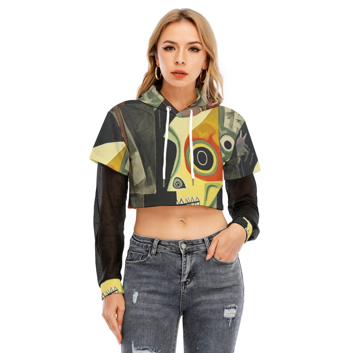 All-Over Print Women's Fake Two-piece Mesh Sleeve Cropped Hoodie