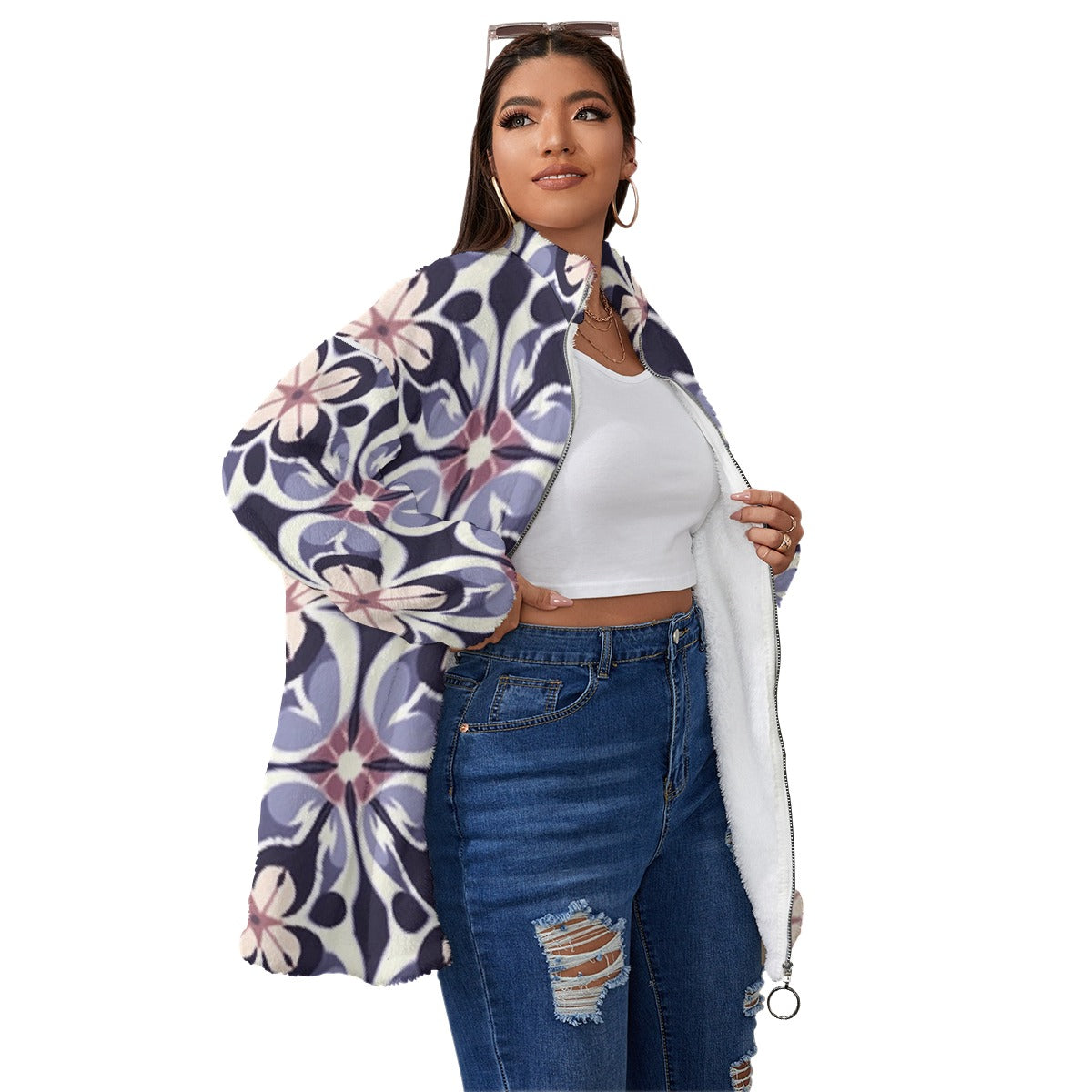 All-Over Print Unisex Borg Fleece Stand-up Collar Coat With Zipper Closure(Plus Size)