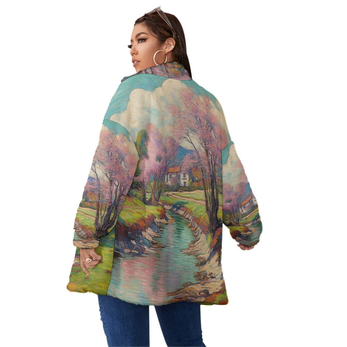 All-Over Print Unisex Borg Fleece Stand-up Collar Coat With Zipper Closure(Plus Size)