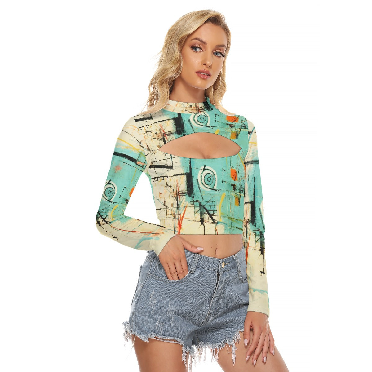 All-Over Print Women's Hollow Chest Keyhole Tight Crop Top