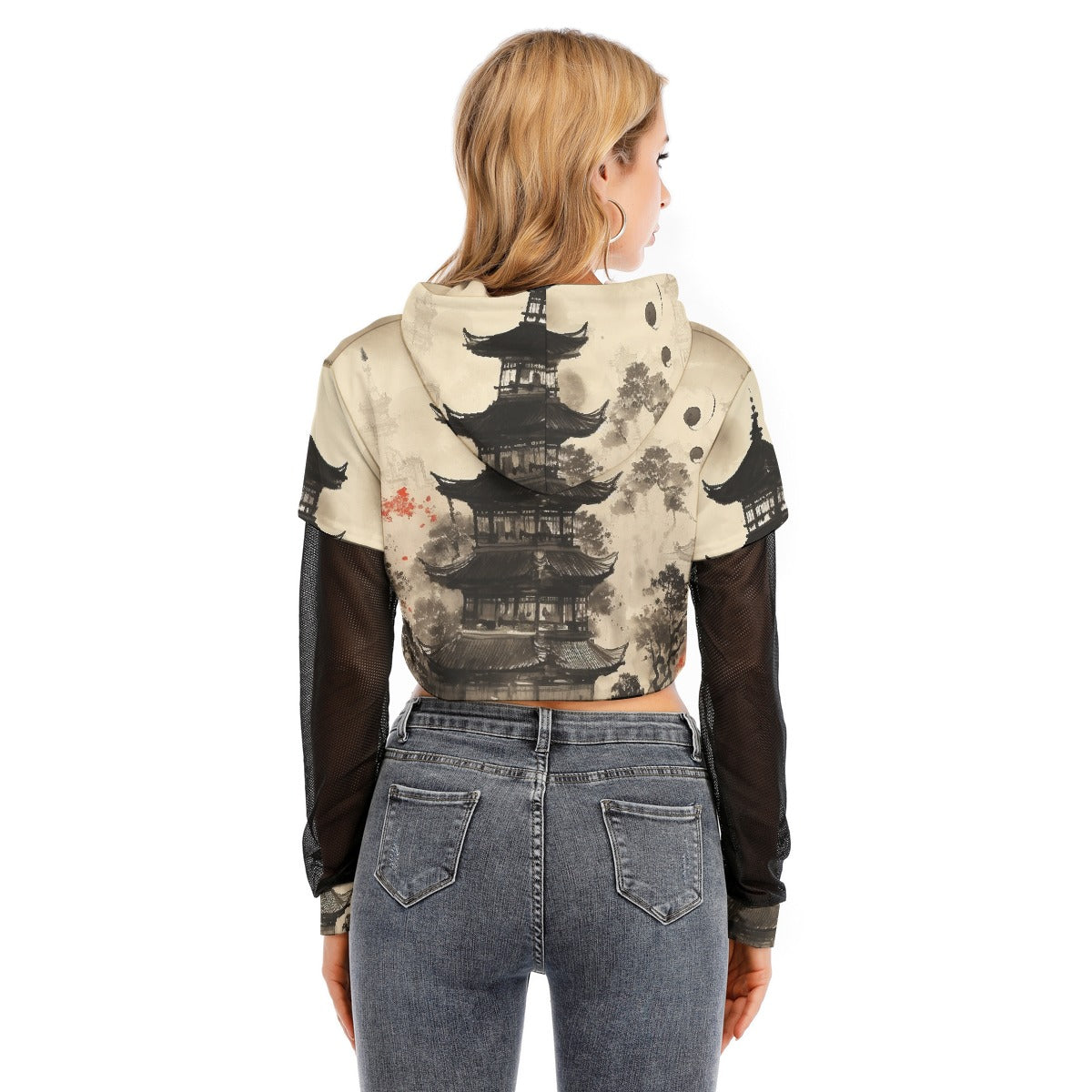 All-Over Print Women's Fake Two-piece Mesh Sleeve Cropped Hoodie