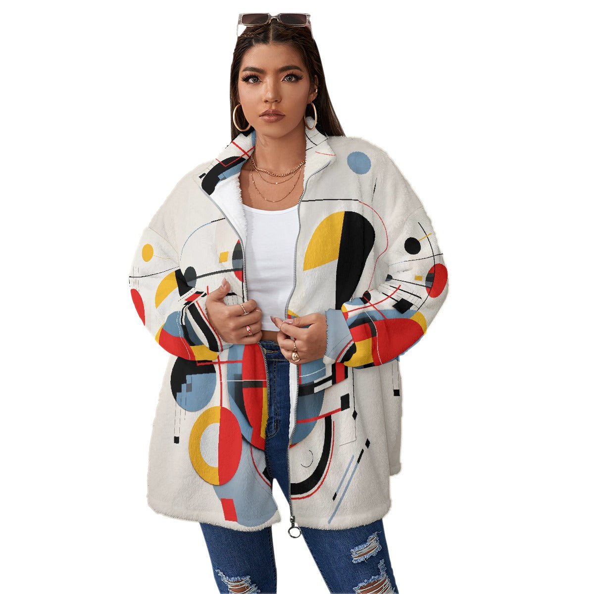 All-Over Print Unisex Borg Fleece Stand-up Collar Coat With Zipper Closure(Plus Size)