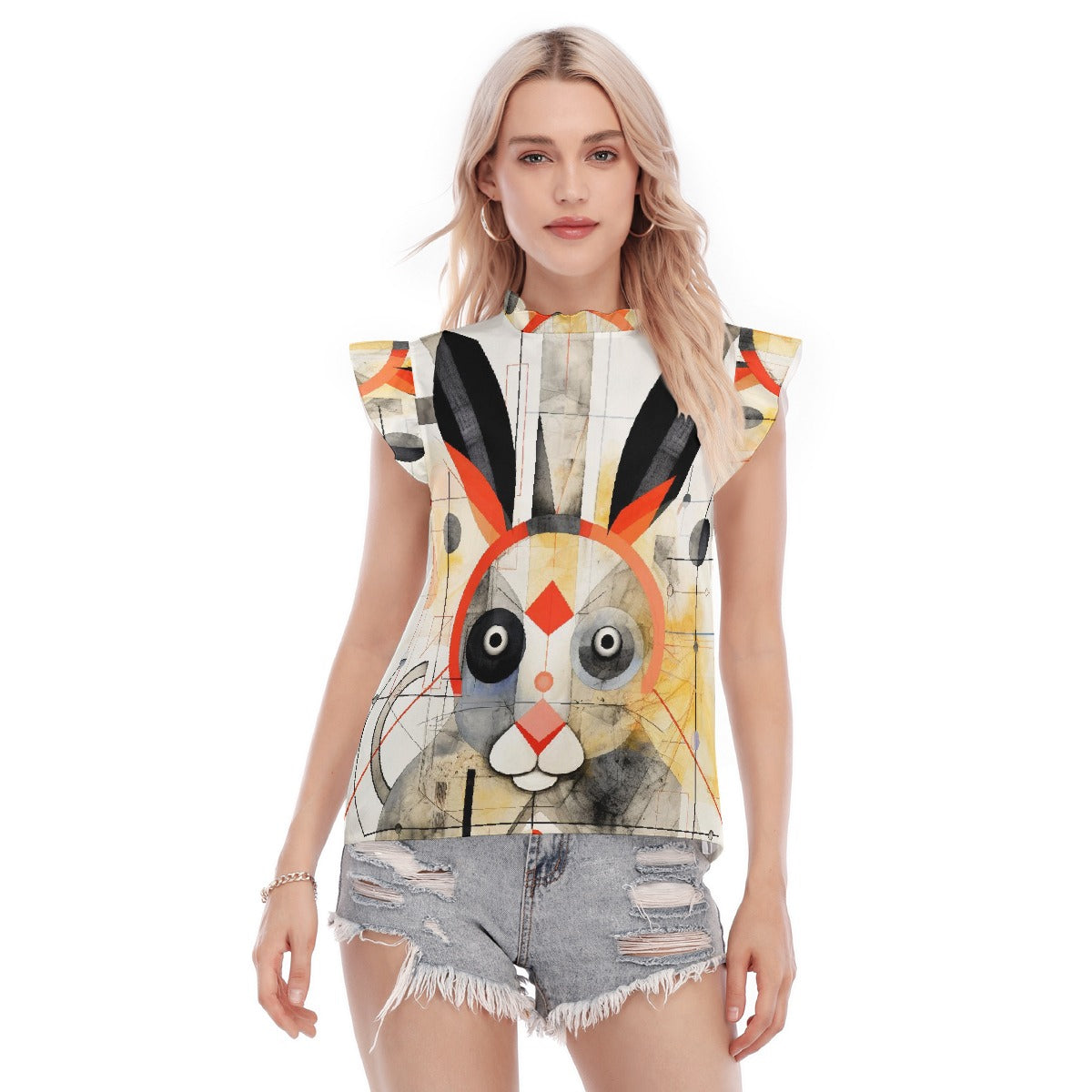 All-Over Print Women's Blouse With Ruffle Collar And Sleeve