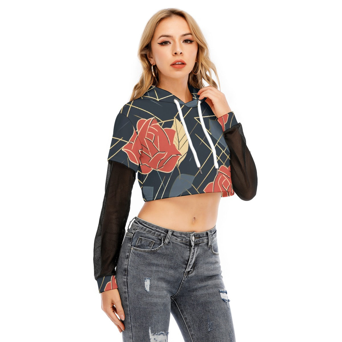 All-Over Print Women's Fake Two-piece Mesh Sleeve Cropped Hoodie
