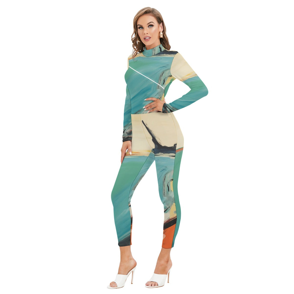 All-Over Print Women's Long-sleeved High-neck Jumpsuit With Zipper