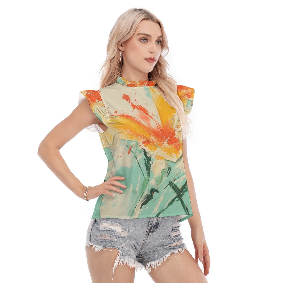 All-Over Print Women's Blouse With Ruffle Collar And Sleeve