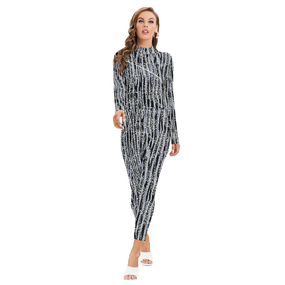 All-Over Print Women's Long-sleeved High-neck Jumpsuit With Zipper