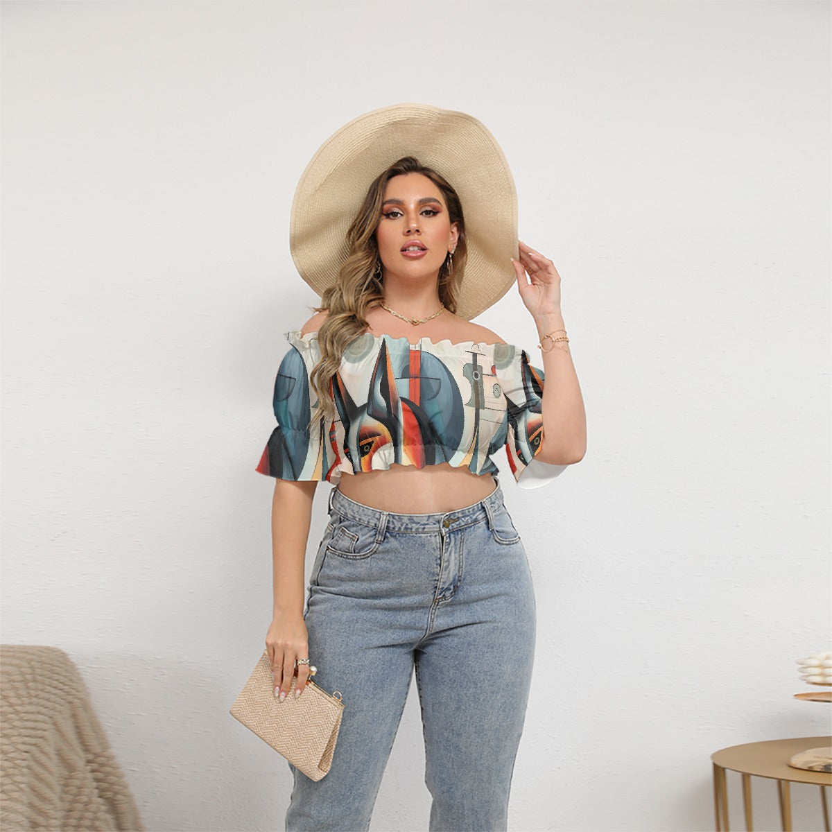 All-Over Print Women's Off-shoulder Cropped Top With Short Puff Sleeve