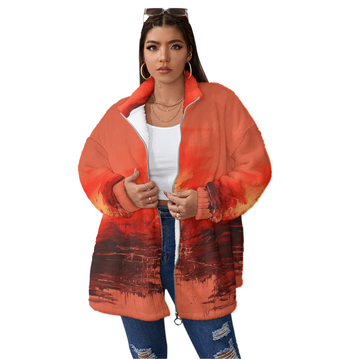 All-Over Print Unisex Borg Fleece Stand-up Collar Coat With Zipper Closure(Plus Size)