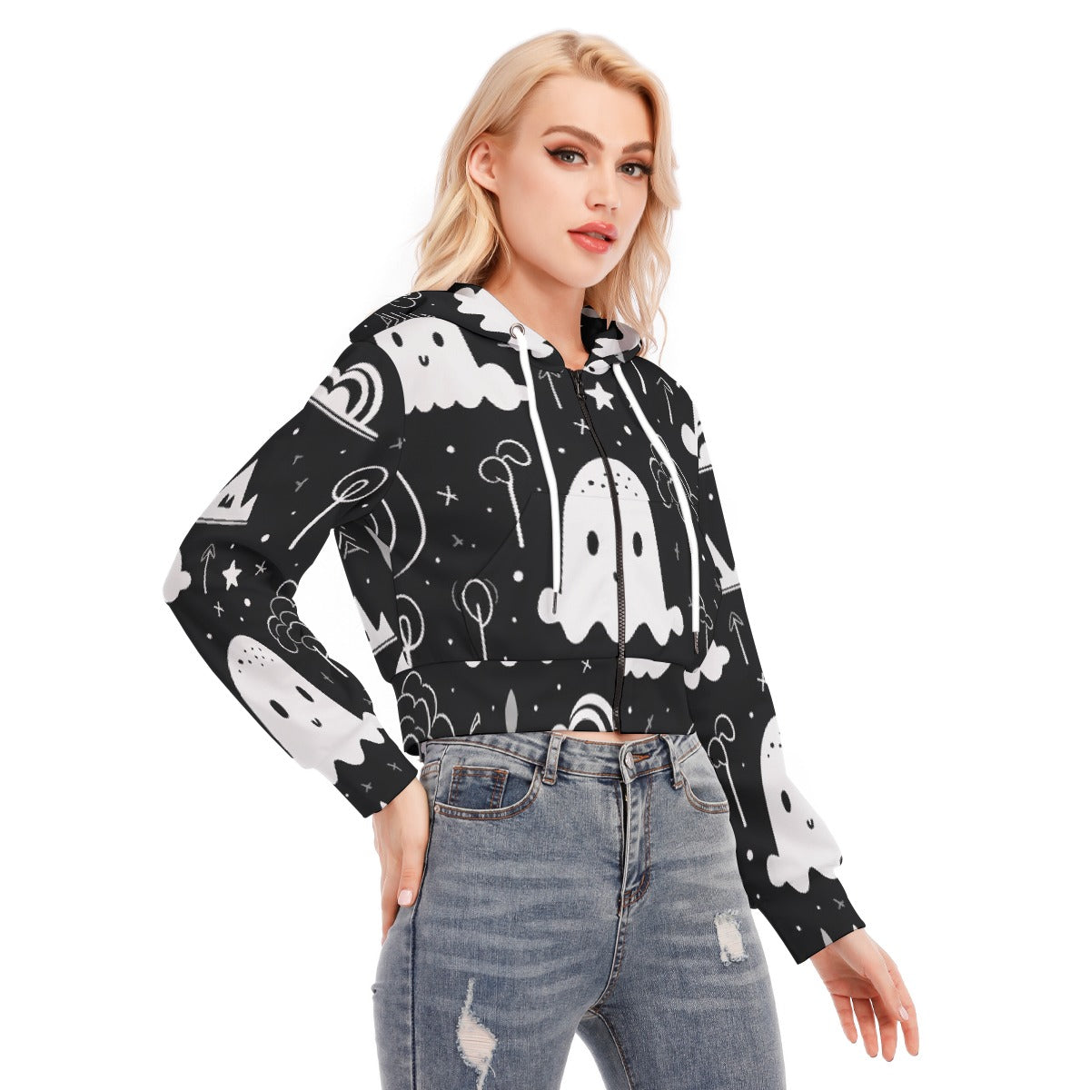 All-Over Print Women's Crop Top Hoodie With Zipper Closure
