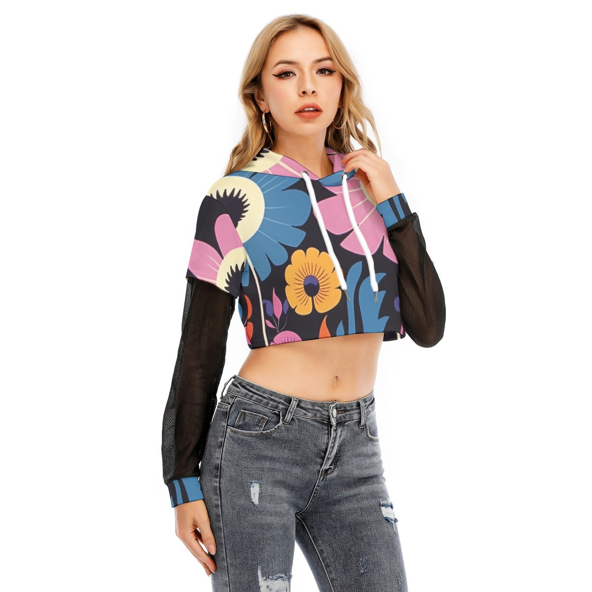 All-Over Print Women's Fake Two-piece Mesh Sleeve Cropped Hoodie