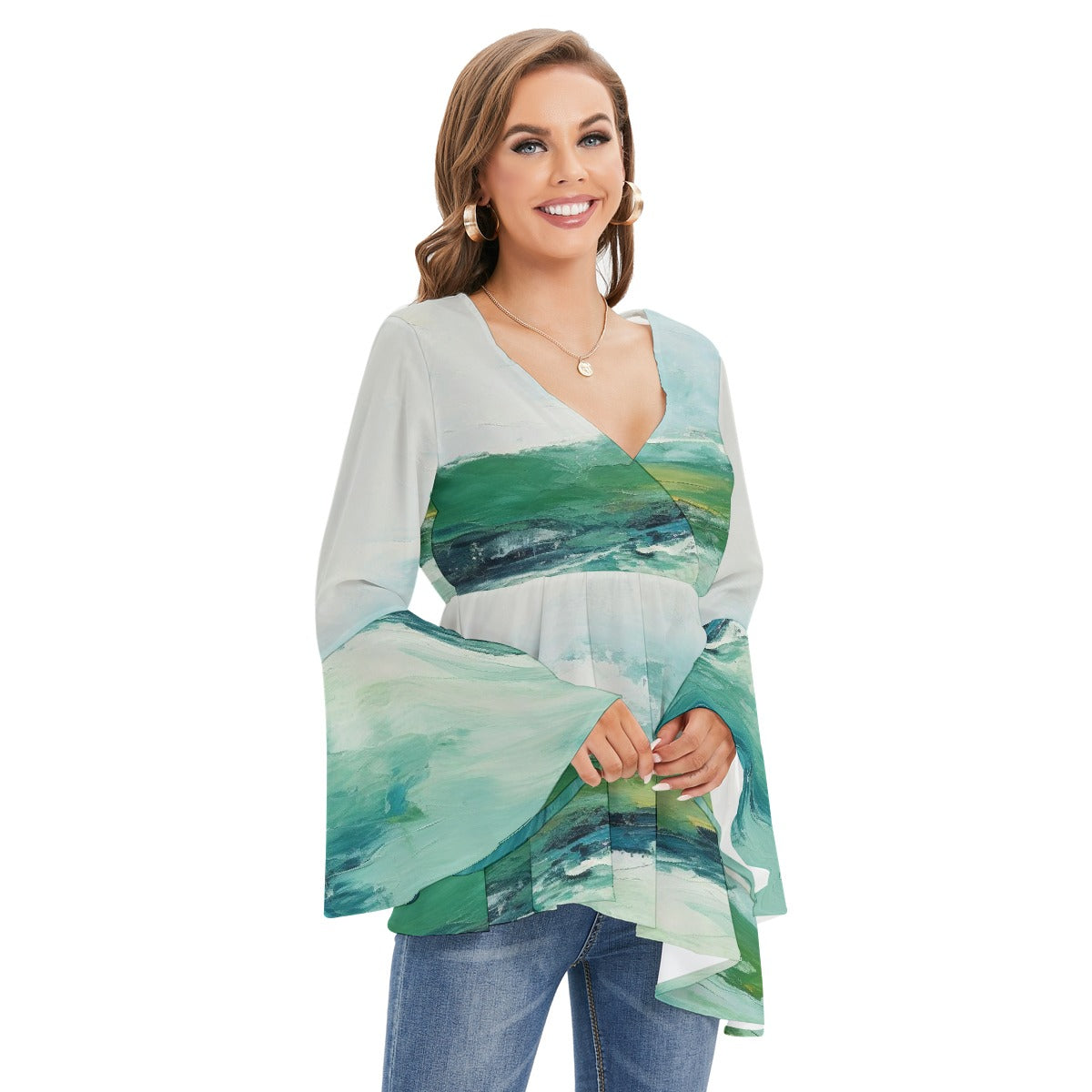 All-Over Print Women's V-neck Blouse With Flared Sleeves