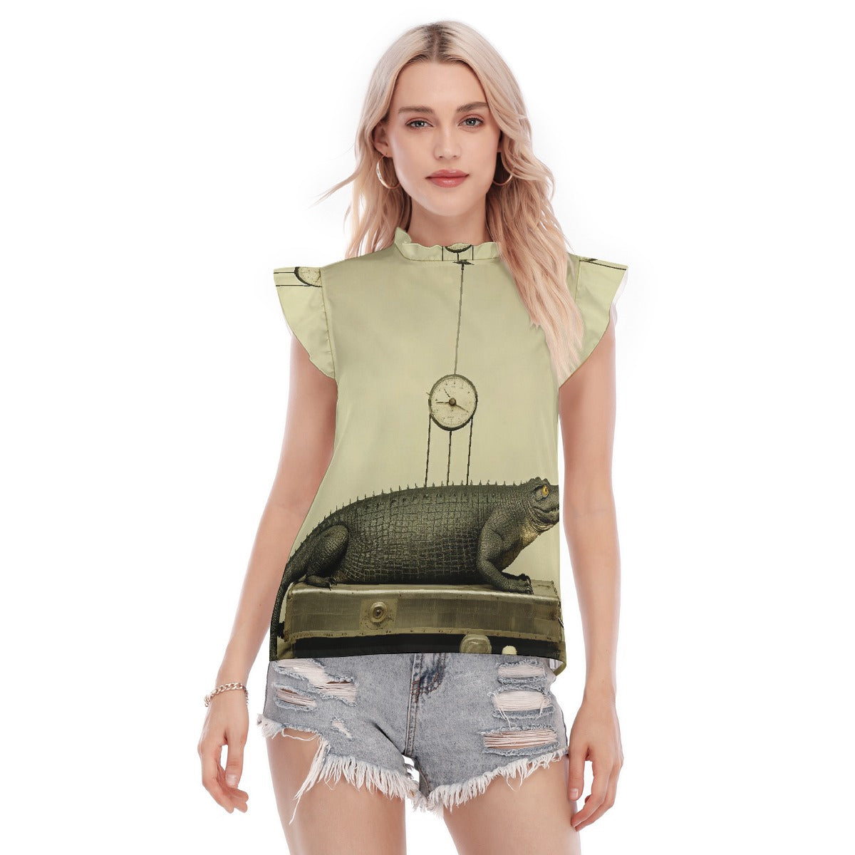 All-Over Print Women's Blouse With Ruffle Collar And Sleeve