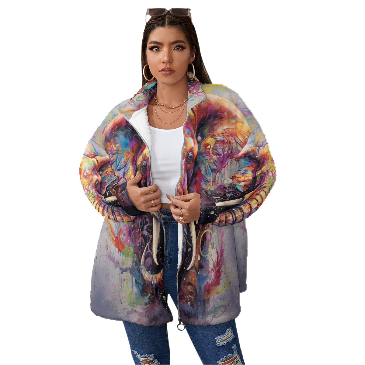 All-Over Print Unisex Borg Fleece Stand-up Collar Coat With Zipper Closure(Plus Size)