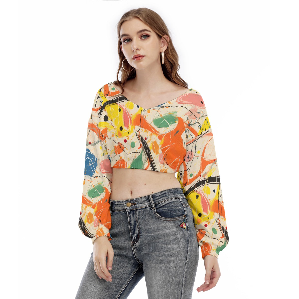 All-Over Print Women's V-neck Long Sleeve Cropped Sweatshirt