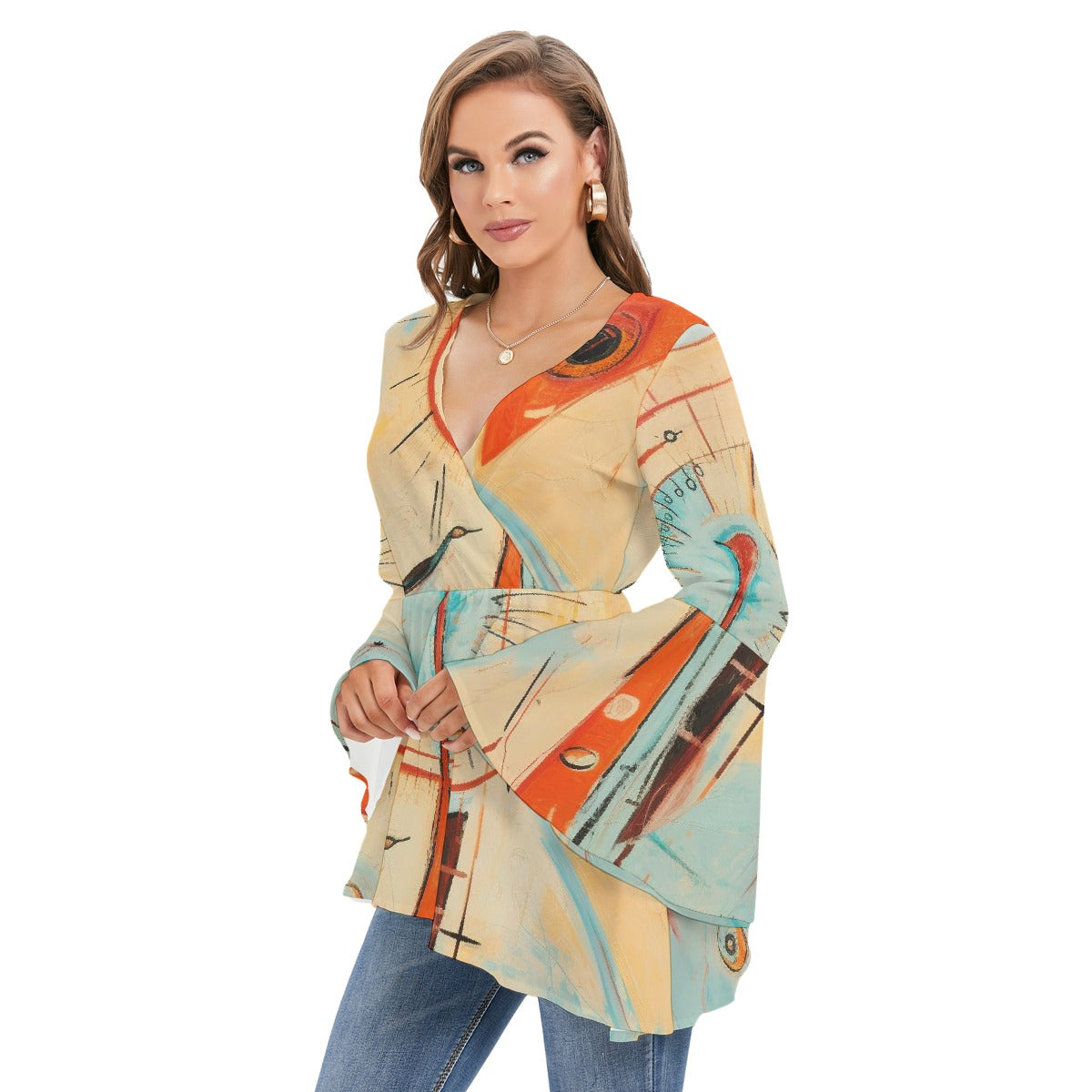 All-Over Print Women's V-neck Blouse With Flared Sleeves