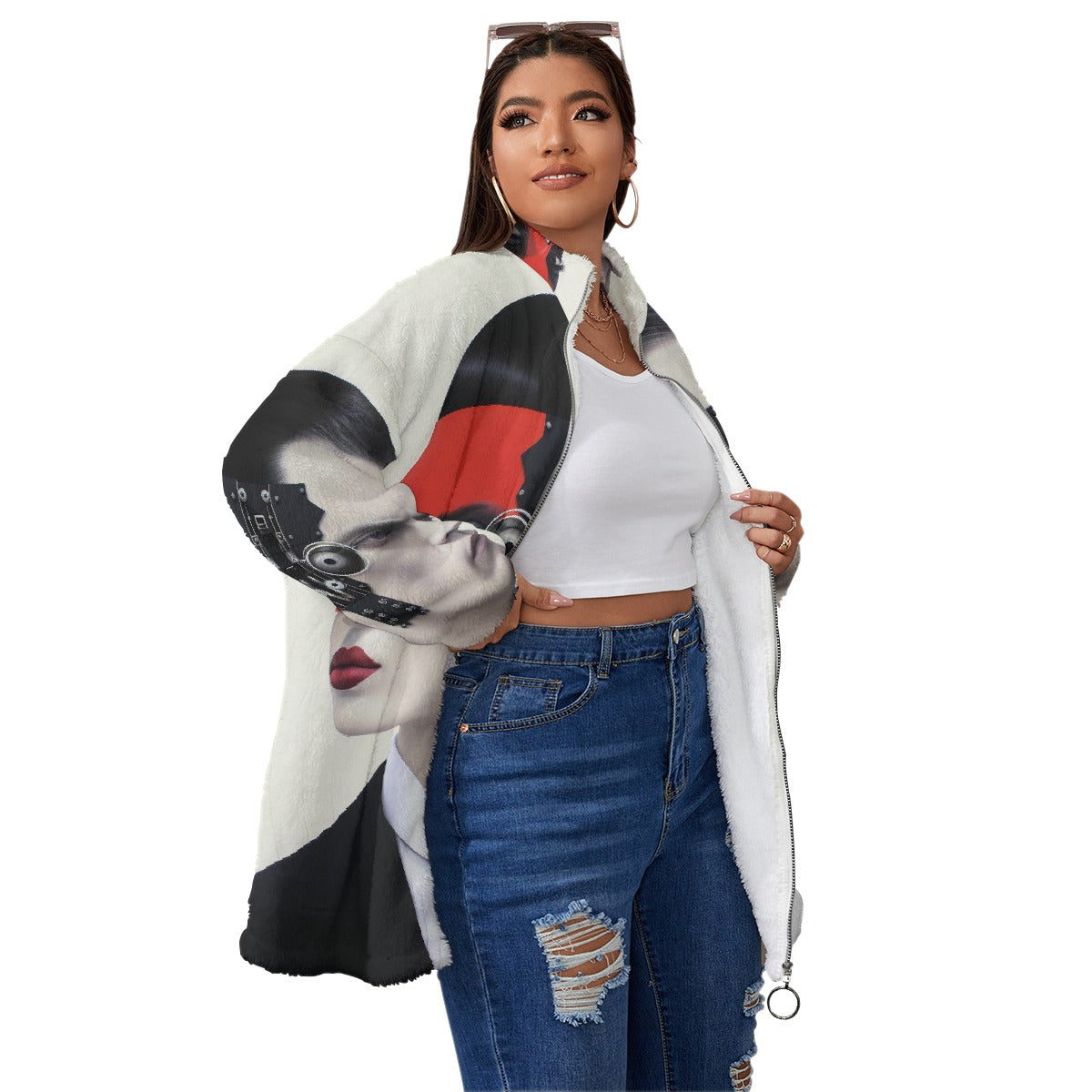 All-Over Print Unisex Borg Fleece Stand-up Collar Coat With Zipper Closure(Plus Size)