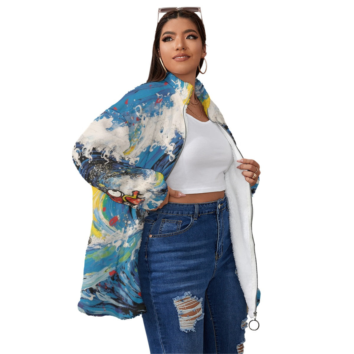 All-Over Print Unisex Borg Fleece Stand-up Collar Coat With Zipper Closure(Plus Size)