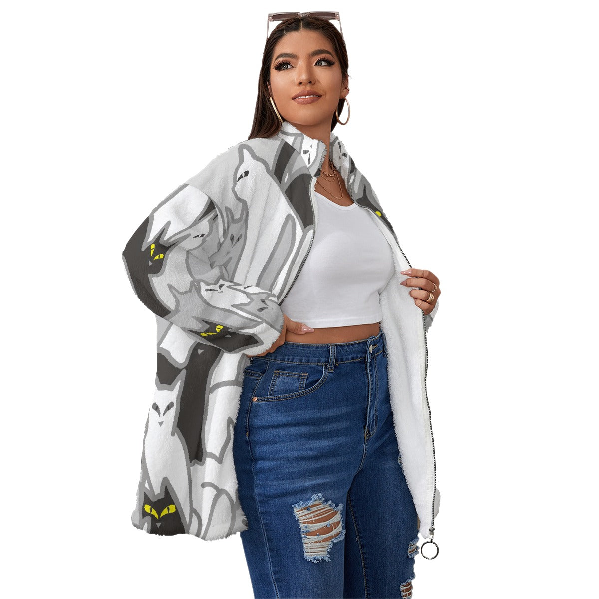 All-Over Print Unisex Borg Fleece Stand-up Collar Coat With Zipper Closure(Plus Size)