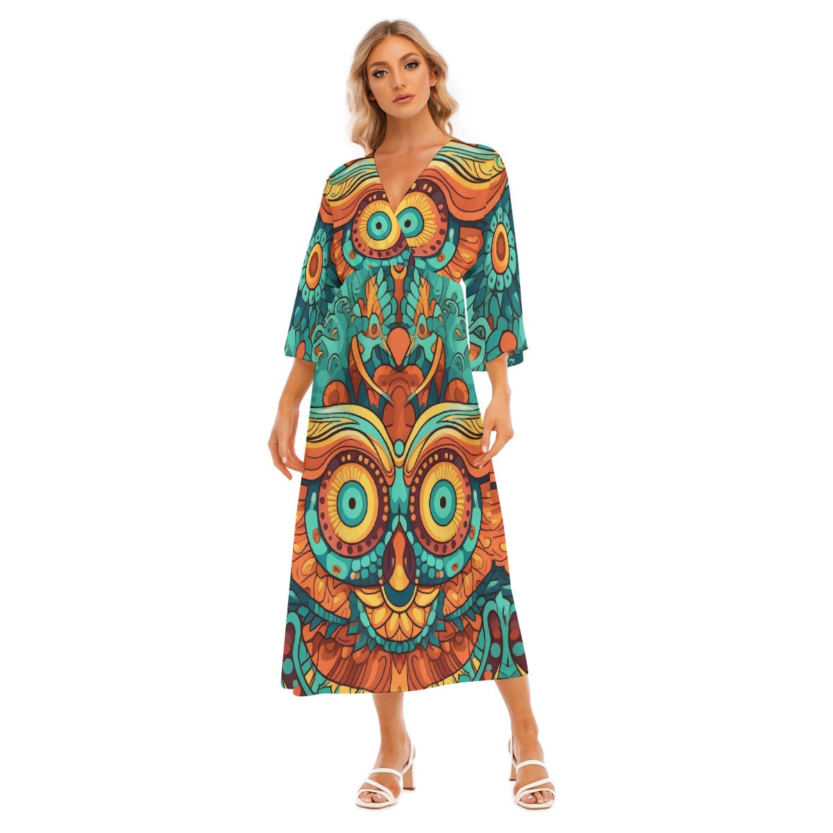 All-Over Print Women's Mid-Sleeve Long Dress