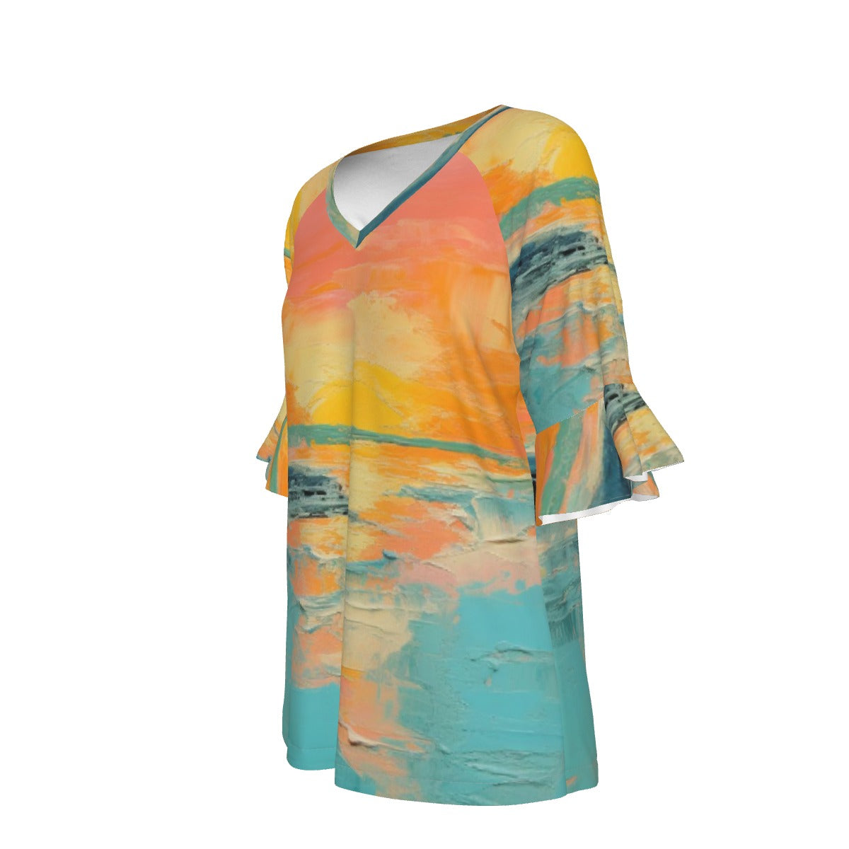 All-Over Print V-neck Women's T-shirt With Bell Sleeve