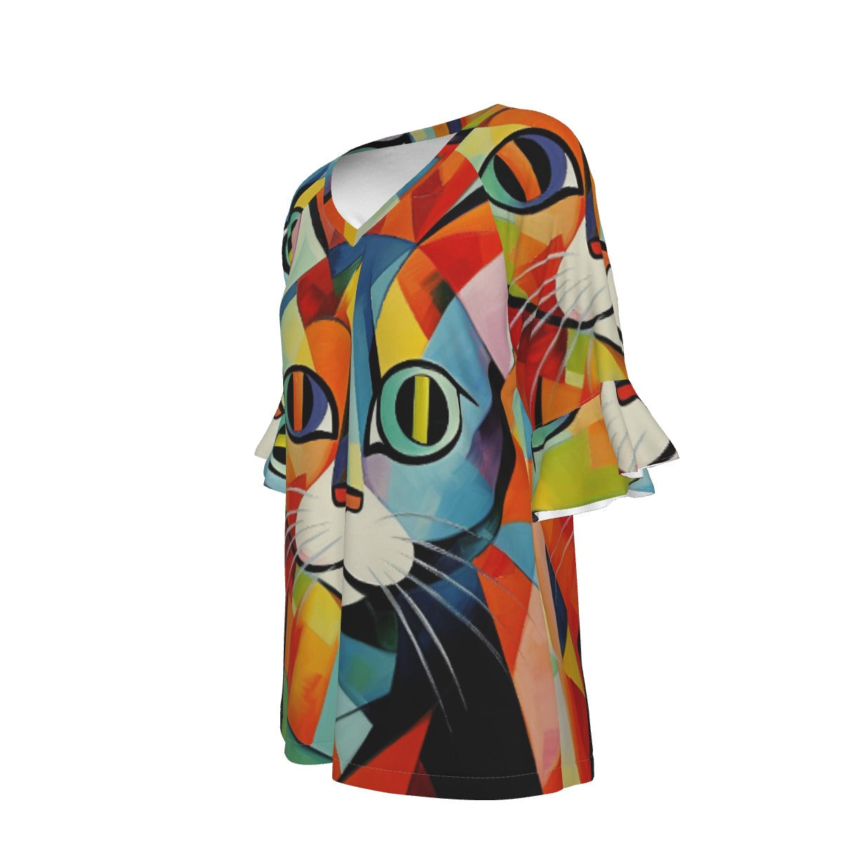 All-Over Print V-neck Women's T-shirt With Bell Sleeve