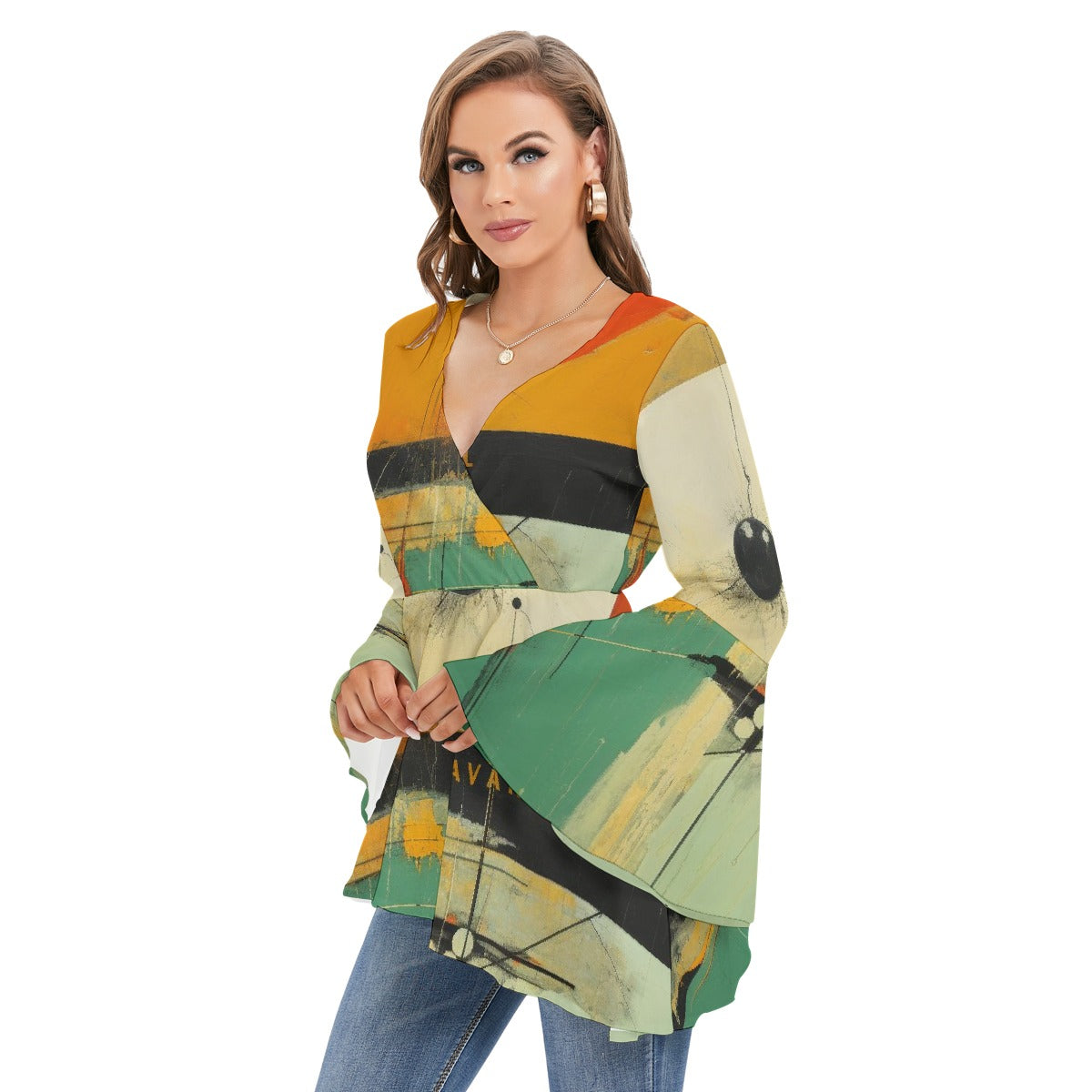 All-Over Print Women's V-neck Blouse With Flared Sleeves