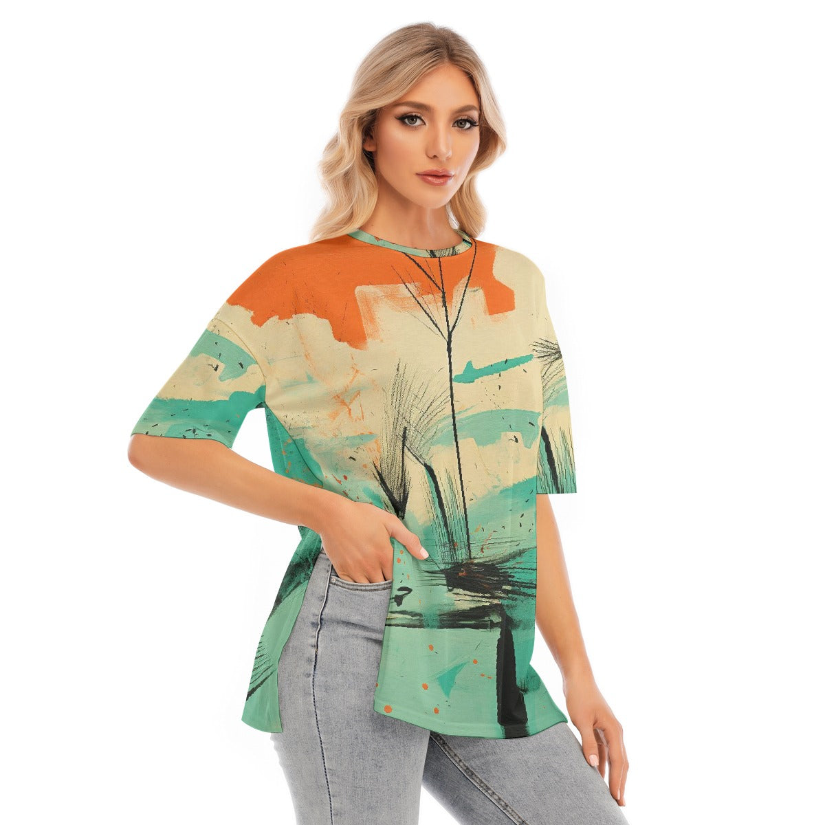 All-Over Print Women's Short Sleeves T-shirt With Hem Split